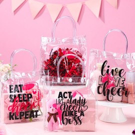 Kacctyen 24 Pcs Cheerleading Goodie Bags with Handles 8x8x3.15 Inch PVC Clear Cheer Tote Treat Bags Bulk for Snack Candy Cheerleader Camp Gifts for Cheer Team Birthday Party Favors