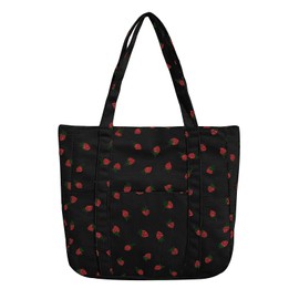 YAMEIZE Strawberry Corduroy Tote Bag for Women Girls Cute Handbags Large Shoulder Bags with Zipper and Pockets for College Work Travel Shopping