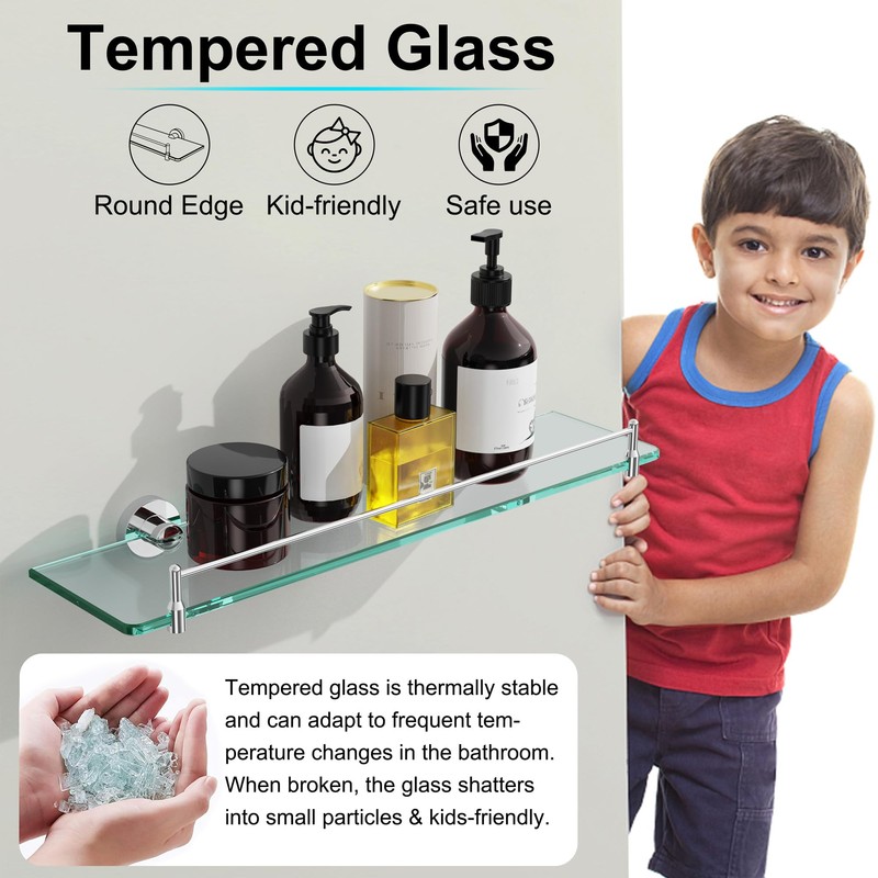KOCOK 20 Inches Glass Shelves for Bathroom, Chrome Polished Floating