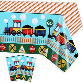 PHOGARY 2 Pack Train Tablecloth Train Themed Party Table Covers, Train Disposable Plastic Tablecloths for Train Birthday Party Supplies Railroad Train Track Party Decorations