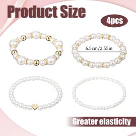 4 Pcs Pearl Bracelets for Women, White Gold Stretch Bridesmaid Pearl Bracelets Bridal Wedding Elastic Bracelets Stackable Faux Pearl Bracelets for Women Wedding Jewelry Lady Pearl Beaded Bracelets