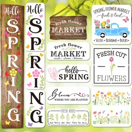 Whaline 10Pcs Spring Stencils for Painting Reusable Flower Truck Plastic Drawing Templates Farmhouse Hello Spring Floral Art Stencils for DIY Art Craft Wall Canvas Sign Decoration Supplies
