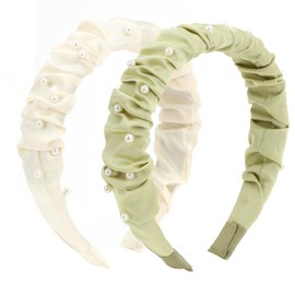 KEUKORZ Wide Pearl Headbands - 2Pcs Hairbands Decorated with Pearl for Women’ Hair - Fashion Hair Accessories for Makeup (White and Green)