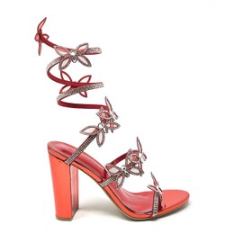 Wild Diva Women's Embellished Rhinestone Butterfly Spiral Coil Wrap Around Chunk Heel Morris-581 (Red Metallic PU 9)