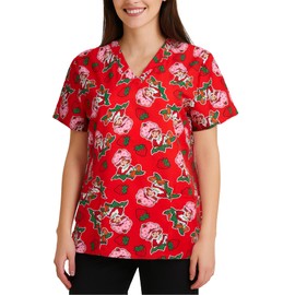 COCO BRANDS Strawberry Shortcake Women's All Over Print, V-Neck Scrub Top with Pockets - Comfortable Work Uniform, Size XX-Large, Red Strawberry Shortcake Print