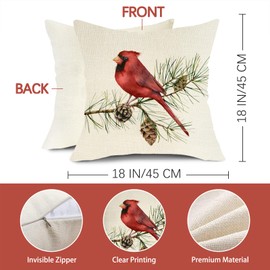 Fjfz Winter Vibes Cardinal Red Birds Decorative Throw Pillow Cover 18x18 Set of 4, Berry Wreath Pine Cones Kerosene Lamp Striped Home Decoration Sign, Snow Farmhouse Cushion Case for Sofa Couch Decors