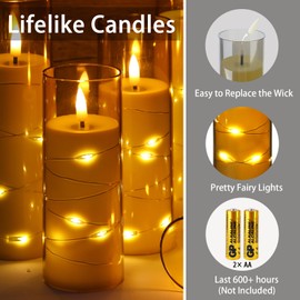 Warmhere Flickering Flameless Candles Embedded Star String, Battery Operated Candles with Remote Timer, Warm Light Acrylic LED Pillar Candles for Romantic Atmosphere Home Decor, Set of 5, Grey
