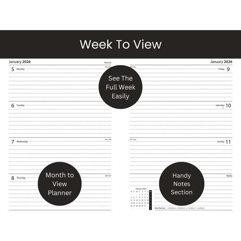 2026 A5 Diary Week To View - Compact Black Hardcover