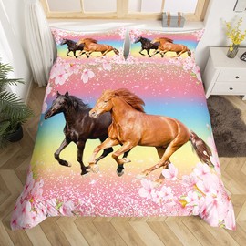 Girls Horse Bedding Set Kids Horses Pink Floral Duvet Cover For Kids Galloping Farmhorse Blossom Flower Bedding & Linen Wild Animal Cherry Blossom Glitter Bedding & Linen Daughter Bedroom Single