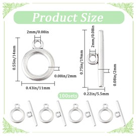 SUNNYCLUE 1 Box 100 Sets Toggle Clasps Silver Clasp Toggle Bracelet Clasps Round Toggle Clasp Tbar Clasp End Clasps for Jewellery Making