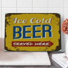 Lunarable Man Cave Cutting Board, Vintage Worn out Rusty Sign Design with Ice Cold Beer Served Here Beverage Print, Decorative Tempered Glass Cutting and Serving Board, Large Size, Multicolor