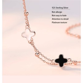 XUDEJUN Sterling Silver Four Leaf Clover Bracelet Sterling Silver Black Onyx and Natural Shell for Women Adjustable Bracelet Cute Plated Bracelets Rose Gold……