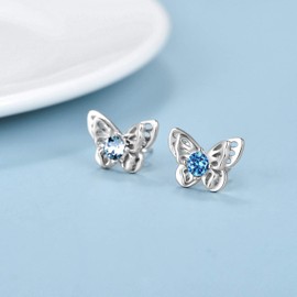 925 Sterling Silver Butterfly Stud Earrings with Birthstone Crystals, Butterfly Jewellery Birthday Gifts for Women Girls Kids Daughter (Simulated Sapphire)