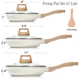 ESLITE LIFE Nonstick Ceramic Frying Pans Skillets Set with Lids, Non-Toxic Egg Omelette Kitchen Cooking Pans Compatible with All Stovetops (Gas, Electric & Induction), PTFE & PFOA Free (White)