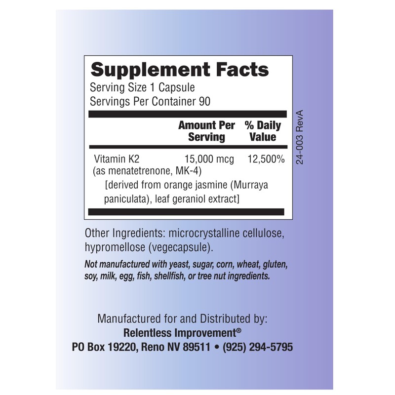 Relentless Improvement Natural Vitamin K2 MK4 - High-Potency 15,000mcg Supports