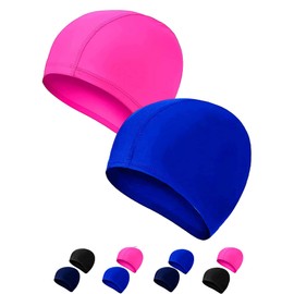 2 Pack Fabric Swimming Caps for Kids, Girls, Boys, Teenagers (4-12 years) – Comfortable Stretch Cloth Swim Caps for Long Hair, Soft Lightweight Pool Swim Hats (Pink + Sapphire Blue)