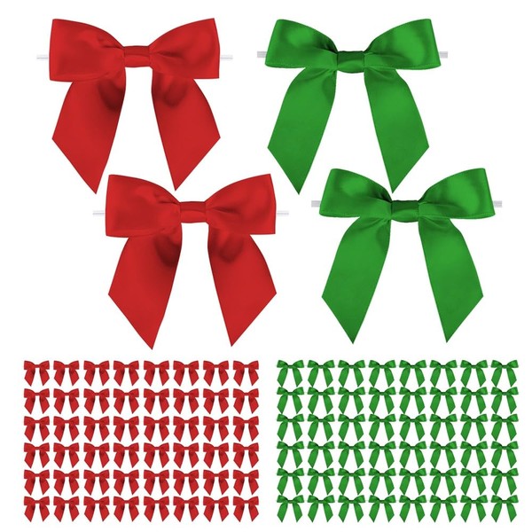 100 Pack Red Bows and Green Bows for Christmas,Twist Tie
