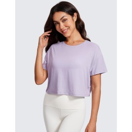 CRZ YOGA Open Back Short Sleeve Crop Top for Women Loose Athletic Yoga Workout Shirts Casual Cropped T-Shirts Lilac Lavender Large