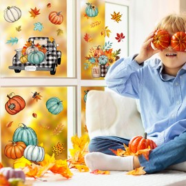 JarThenaAMCS 9 Sheet Fall Window Clings Teal Blue Pumpkin Maple Leaves Truck Window Stickers Double-Side Glass Decals for Thanksgiving Autumn Harvest Home Party Shop Display Decoration