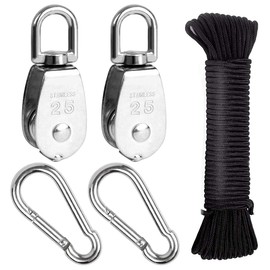 Feibmir M25 Pulley Block,304 Stainless Steel Single Wheel,Wire Towing Wheel,Carabiner Snap Hook Clips,Nylon Line Rope