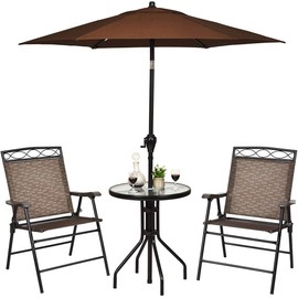 3-Piece Bistro Set, Patio Dining Furniture Set, Round Textured Glass Tabletop w/Umbrella Hole, Outdoor Conversation Set for Backyard Garden Poolside