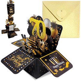 Black Gold Pop Up 70th Birthday Card for Women Men Him Her 70 Years Birthday Gifts,Male Female 70th Birthday 3D Pop-Up Greeting Card with Note and Envelope for Grandma Grandpa Mom Dad Wife Husband