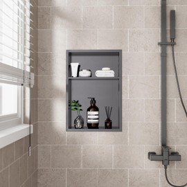 POPFLY 12"x18" Stainless Steel Shower Niche, Recessed Bathroom Storage with Double Shelves, No Tile Needed 2 Level Insert Corners Wall Niche for Shower Room, Dark Grey