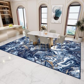 GEMBED Washable Area Rug 5x7 - Artistic Style Modern Rug for Living Room Bedroom Dining Room, Soft Low Pile Machine Washable Carpet, Non Slip Non Shedding Area Rug - Dark Blue/Gold, 5'x7'