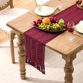 Velvhom Boho Table Runner Cotton Linen with Hand Tassels Rectangular Crochet Lace Table Runner Vintage Burgundy Red Macrame Country House Style for Coffee Dining Room Tabletop Decor 30 x 140 cm