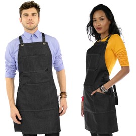 Under NY Sky Essential Black Denim Apron – Cross-Back with Leather Reinforcement – Adjustable for Men and Women – Pro Chef, Tattoo Artist, Baker, Barista, Bartender, Server Aprons