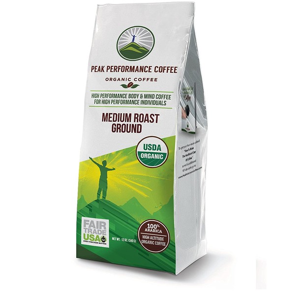 Peak Performance High Altitude Organic Coffee. No Pesticides, Fair Trade, Non GMO, and Beans Full Of Antioxidants! Medium Roast Low Acid Smooth Tasting USDA Certified Organic Ground Coffee 12oz Bag