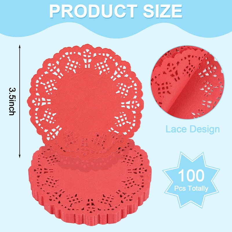 DECORA 3.5inch Round Red Lace Paper Doilies for Wedding Tableware
