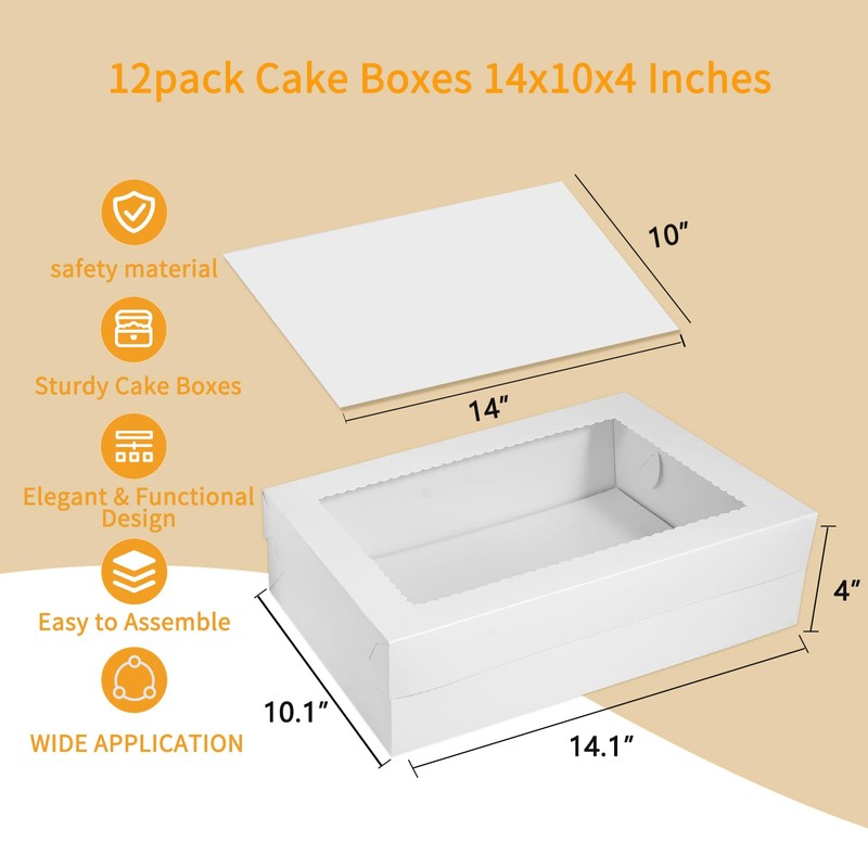 Aufind 12pcs Cake Boxes with Cake Board, 14x10x4 Inches White