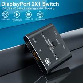 CableDeconn DisplayPort 16K DP Switch Bi-Direction 8K @ 120Hz 4K @ 240Hz Splitter Converter for Multiple Source and Displays (DP 16K Switch 2x1)