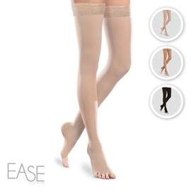 Sheer Ease Women's Open-Toe Thigh High Stockings - 15-20mmHg Mild Compression Nylons (Sand, Large Long)