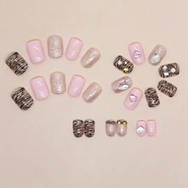 Pink Press on Nails Love Heart Stars Rhinestones Design French False Nails Artificial Acrylic Coffin Nails Full Cover Tiger Stripes Short Fake Nails Nature Fit Stick on Nails Glue on Nails for Women