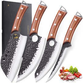 Butcher Knife Set, KITNATS 4PCS Hand Forged kitchen knives Set-Meat Cleaver Knife & Serbian Chef Knives & Vegetable Knives & Boning Knifes, Viking Knives for Kitchen, Outdoor Cooking, BBQ Gift for Men