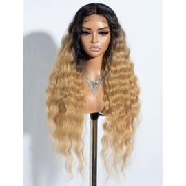 Joedir Long Deep Curly Wavy Lace Front Synthetic Wigs for Women Glueless Lace Wig Middle Part Natural Looking Heat Resistant Fibre Wig