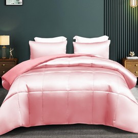 Whale Flotilla 3-Piece Reversible Silky Soft Queen Comforter Bedding Set, Luxurious Satin Comforters Full Size with 2 Satin Pillowcases, Lightweight Duvet for All Seasons, Pink