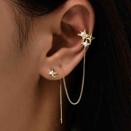 Inateannal Crystal Northstar Ear Cuff Earrings Gold Long Threader Chain Earrings Threader Chain Tassel Earrings Rhinestone Star Drop Earrings Cz Star Cuff Cartilage Jewelry for Women and Girls