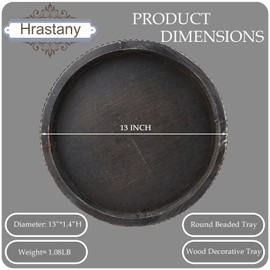 Hrastany Round Wooden Serving Tray with Beads, Circle Vintage Black Wood Coffe Table Tray for Dining Room Table Centerpiece, Kitchen Counter