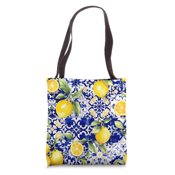Moroccan Lemon Blossom Watercolor Citrus & Blue Tile Pattern Tote