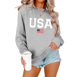 Lacozy Women Cute Sweatshirt Oversized American Flag Graphic Letter Long Sleeve Crewneck Pullover Casual Tees Gray XXL