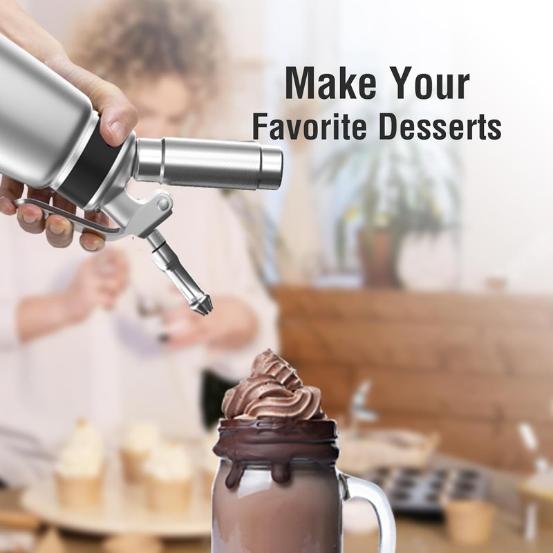 SimCoker Whipped Cream Dispenser,Aluminum 500ml Whipped Cream Maker,3 Decorating Nozzles,1