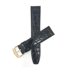 Bandini Extra Long (XL) 12mm Womens Italian Leather Watch Band Strap - Black - Crocodile Pattern - Thin - Slim - Gold Buckle