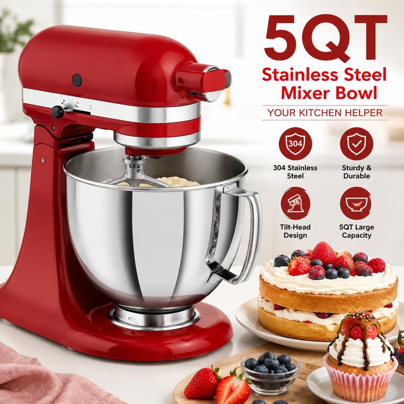 FISHFRUIT 5qt Stainless Steel Mixer Bowl for KITCHEN AID Tilt-Head