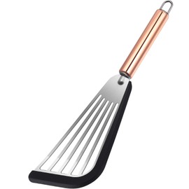 Slotted Spatula Flexible Stainless Steel Spatula with Silicone Top Soft Edge Slotted Spatula Turner with Golden Handle (Black,1 Piece)