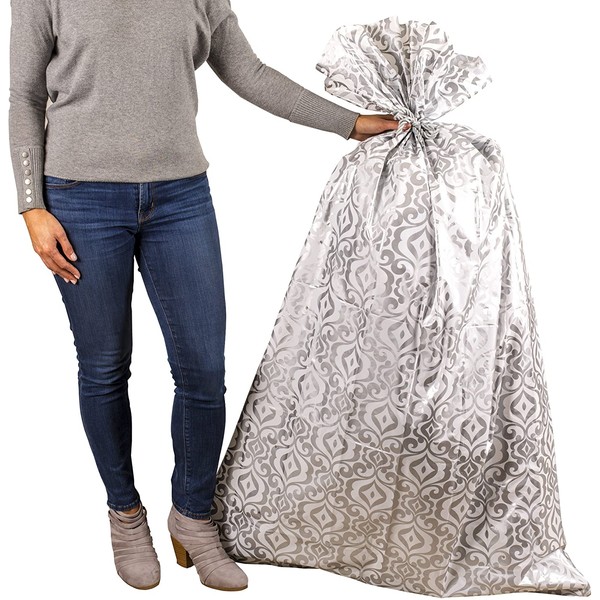 Hallmark 56" Large Plastic Gift Bag (Silver Damask) for Engagement Parties, Bridal Showers, Weddings, Valentines Day, Holidays or Any Occasion