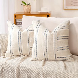 AELS 18x18 Decorative Farmhouse Linen Throw Pillow Covers, Boho Textured Pillow Case, Set of 2,Beige with White & Navy Blue Stripe Patchwork Cushion Cover for Sofa Couch Living Room(Cover ONLY)