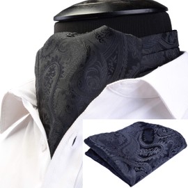 GUSLESON Men's Ascot Paisley Floral Jacquard Woven Gift Cravat Tie and Pocket Square Set, Black/Gray, general